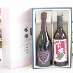 実りの秋の贈り物 感謝の贈り物ボックス エレガントなシャンパン ドンペリロゼと酸化防止剤無添加ワインセット(酸化防止剤無添加 有機あずさ赤ワイン 中口(長野県)720mlシャンパンドンペリニヨンロゼ750ml