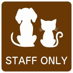 動物イラスト付 STAFF ONLY ブラウンホワイト 27x27cm 正方形 サインステッカー シール 屋外 屋内 防水 おしゃれ スタッフオンリー スタッフルーム 関係者以外立ち入り禁止 動物病院 老犬ホーム 犬 猫 ネコ ドッグラン 動物園 ペットショップ ペット マナー お願い 獣医