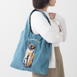 猫犬デザイン刺繍 コーデュロイ トートバッグ 60×40cm D. BLUE