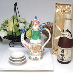 プレミアム焼酎とそ器セット 萬古焼きお屠蘇5点セット岸寿美子デザインＡ（盆白）+本格芋焼酎 森伊蔵 720ｍｌ桐箱入り（焼酎）(日本製万古焼き(三重県))