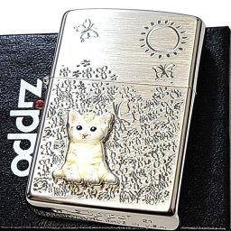 ZIPPO ライター ネコ メタル 花柄 ジッポ 猫 可愛い シルバー ねこ フラワー おしゃれ ホワイトニッケル 彫刻 おしゃれ kitten flowers レディース 女性 ギフト プレゼント
