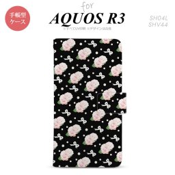 SH-04L/SHV44 AQUOS R3 手帳型スマホケース カバー 花柄 バラ リボン 黒  nk-004s-r3-dr257