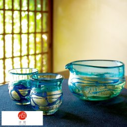 津軽びいどろ 金彩碧瑠璃 酒器3点セット 片口酒つぎ1個 お猪口2個  酒器セット 日本製 ガラス用 メンズ 日本酒 グラス 酒器