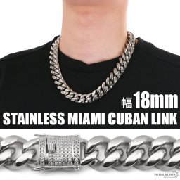 幅18mm ステンレス 喜平ネックレス マイアミキューバンリンク チェーン ブリンブリン CZ パヴェ 二重ロック HIP HOP B系 シルバー 銀 太幅 ワイド 父の日