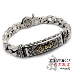 六字真言 ブレスレット メンズ シルバー925 喜平 チェーンブレスレット silver 銀 ユニーク 唐草模様 アラベスク 密教法具 三剛杵 梵字 刻印 マイアミキューバンリンク ギミック搭載 金属アレルギー対応 男性