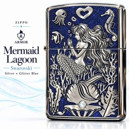 ZIPPO ライター アーマー ジッポ マーメイド ラグーン シルバー×グリッターブルー 鏡面 Mermaid Lagoon スワロフスキー かっこいい おしゃれ メンズ ギフト 動画有り プレゼント