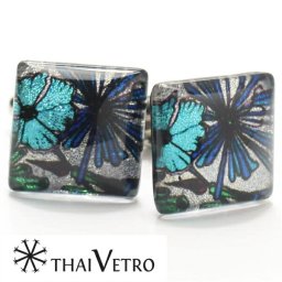 ThaiVetro ブルー フラワーデザンのガラス製カフス カフスボタン カフリンクス スーツアクセサリー専門店 誕生日 プレゼント プチギフト おしゃれ カフスマニア