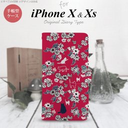 iPhone XS 手帳型 スマホ ケース カバー アイフォン 猫と花 赤【アイフォーン XS,iPhone,XS,メール便 送料無料】