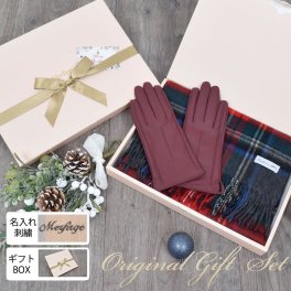 【名入れ 刺繍】クリスマス ギフトセット [Merfirge]  カシミヤ 100％ チェック柄マフラー ＆ レザー 手袋エチオピアシープ 本革 レザー グローブ タッチパネル対応 スマホ対応 レディース NEWギフトボックス (XS1227)
