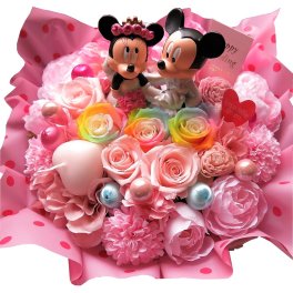 結婚祝い プレゼント ミッキー ミニー 花束風 ウェディングフィギュア レインボーローズ プリザーブドフラワー入り キャンディーカラー プリザーブドフラワー ケース付き
