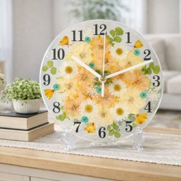 ◆人気のギフト 押し花 花時計 φ18cm【ラークスパー・オレンジ ラージサイズ 掛時計 置時計】 押し花をレジンでコーティングしたハンドメイドの可愛い花時計！