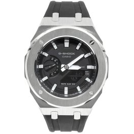 G-SHOCK メタル カシオーク カスタム GA2100  シルバー ステンレス製 ブラックラバーバンド バタフライバックル
