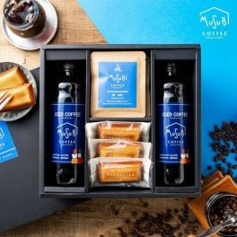 敬老の日 ギフトムスビコーヒー アイスコーヒー2本＆ドリップコーヒー4種＆フィナンシェ 化粧箱入り 送料無料 【アイスコーヒー×２本 ドリップコーヒー海・街・山・バイク各1個　フィナンシェ3個 】  自家焙煎珈琲 プレゼント 敬老の日 手土産 誕生日　お返し　内祝い　結婚　出産 退職　御中元　お歳暮　誕生日プレゼント