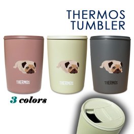 【新商品】 パグ サーモス 蓋つき タンブラー 300ml 保温 保冷 ステンレス マグカップ ふた スライド ワンタッチ 真空 断熱 二重構造 オリジナル ブルドッグ 犬 ペット