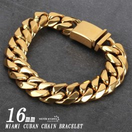 幅16mm 6面カット 喜平ブレスレット 太め ステンレス 金 差し込み式 喜平チェーンブレスレット マイアミキューバンリンク 父の日