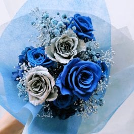 プリザーブドフラワー／薔薇と小花の枯れない花束／青い薔薇とシルバーローズ／記念日お祝い