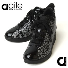 ルコライン 靴 アージレ バイ ルコライン スニーカーagile-008SI PRINT MONOGRAM エナメル調ブラック シルバー ロゴ柄 サイドファスナー付 agile by RUCO LINE レディース