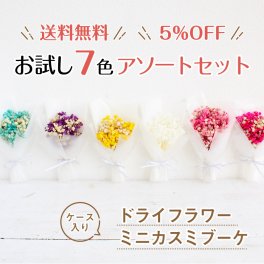 カスミソウ ミニブーケ ドライフラワー アソートセットBOX 7色アソート ライトピンク×1個 ビューティー×1個 イエロー×1個 ブルー×1個 パープル×1個 アイボリー×1個 ピンク×1個　合計7個 セット割引