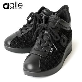 ルコライン 靴 アージレ バイ ルコライン スニーカー agile-018BK BOUCLE ツイード調生地 / 合皮 ブラック 黒 サイドファスナー付 agile by RUCO LINE