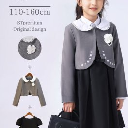 子供女の子フォーマルスーツ　入学式卒業式 子どもスーツ 子供服 アンサンブル 女児スーツ 発表会 小学生小学校　幼稚園卒業式　卒園式　冠婚葬祭　セレモニー　ジャケットワンピース長袖　フレンチスリーブお花コサージュ　パールリボン３点セット