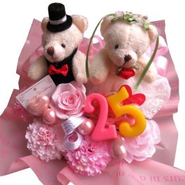 銀婚式 結婚25周年 記念日 プレゼント ご希望数字入り ウェディング ベアー 花束風 ギフト  枯れない プリザーブドフラワー入り ケース付き