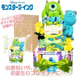 おむつケーキ 出産祝い ディズニー モンスターズインク 人気 赤ちゃん マイク サリー 3段 男の子 女の子 熨斗 メッセージカード ギフトセット 誕生日プレゼント ハーフバースデー ベビーシャワー オムツケーキ パンパース ギフト包装 送料無料 mns4001