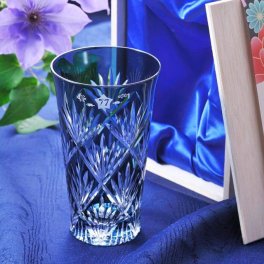 名入れ 切子グラス 笹の葉紋様 酎ハイグラス 紺 単品 木箱入り プレゼント 誕生日 SXX