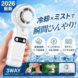 2026最新 ハンディファン 冷却プレート ミスト 搭載 3in1 100段階 強風 静音 3WAY 3600mAh Type-C USB充電 ハンディ扇風機 卓上 首かけ カラビナ HDL-3595