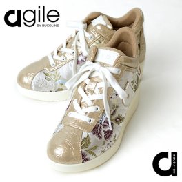 ルコライン 靴 アージレ バイ ルコライン スニーカー agile-012GO LAM FLOWER フラワー 花柄 ゴールド 生地 合皮 サイドファスナー付 agile by RUCO LINE
