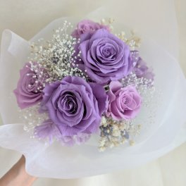 プリザーブドフラワー/ライラックローズと紫陽花の花束/花束ラッピングでお届け