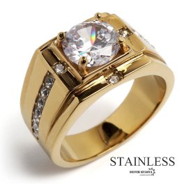 ステンレス 印台リング 一粒リング ゴールドリング 18K GP gold ジルコニア パヴェ シグネットリング 重厚感 ごつめリング メンズ 指輪 男性 金属アレルギー対応