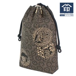 印伝 【甲州印伝 印傳屋 上原勇七】合切袋 巾着 【特別発注柄】【マチ付き】【3005 鶴亀 黒地×白漆】 男性用 メンズ 鹿革 本革 レザー 和柄 ブランド 【YM02】
