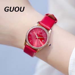 『 時計のプレゼントを贈る 』GUOU 腕時計 時計 レディース 女性用 ウォッチ  人気  ラッピング無料 かわいい おしゃれ ピンクゴールド 革ベルト ブレスレット 旅行 イベント カジュアル 通勤 通学 丸形 ダイヤモンド カレンダー6012