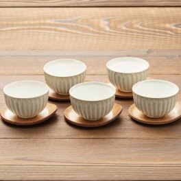 湯呑み 茶托 5客セット 粉引グレー  菊型 煎茶碗 箱入り おしゃれ 日本製 和食器セット ゆのみ 湯飲み 美濃焼 陶器 コースター 茶器 お茶 湯呑みセット ギフトセット