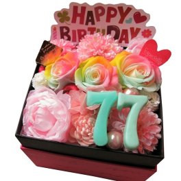 喜寿祝い 記念日 77歳お祝い 数字77入り BOXフラワー花束風 ギフト ご希望の数字でお作り致します 箱開けてスマイル フラワーボックス入り レインボーローズ プリザーブドフラワー入り