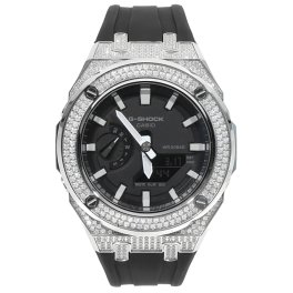 G-SHOCK GA2100 メタル カスタム フルカスタム カシオーク CZジルコニア　ラバーバンド シルバー ステンレス製 ブラックダイヤル