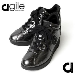 ルコライン 靴 アージレ バイ ルコライン スニーカー agile-015BK PU CROCO 光沢 メタリック調 ブラック ダークグレー クロコダイル型押し 合皮 クロコ柄 サイドファスナー付 ３E 幅広 レディース シューズ ルコライン agile by RUCO LINE ルコライン靴
