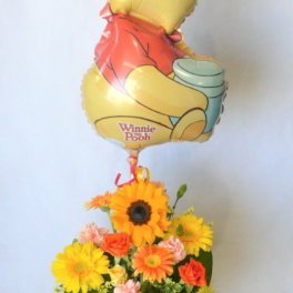 【送料無料!】 ★バルーンフラワー★ プーさん アレンジ  ＆ バルーン 【HAPPY BIRTHDAY】 【誕生日】 【フラワーバルーン】【ケーキ】 【記念日】 【お祝い】【Birthday】【発表会】【バースデー】