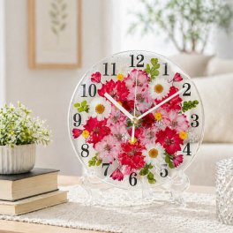 ◆人気のギフト 押し花 花時計 φ18cm【ラークスパー・ピンク ラージサイズ 掛時計 置時計】 押し花をレジンでコーティングしたハンドメイドの可愛い花時計！