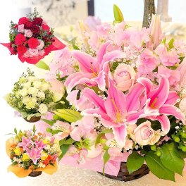 送料無料 オリエンタルリリー バラ アレンジメント お祝い 花 ギフト 母の日 プレゼント 誕生日 女性 季節の花で楽ギフト 開店 オープン 結婚記念日 フラワー 退職 送別 即日出荷