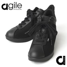 ルコライン 靴 アージレ バイ ルコライン スニーカー agile-016BK LEATHER NETT メッシュ × 本革 ブラック 黒 サイドファスナー付 agile by RUCO LINE シューズ