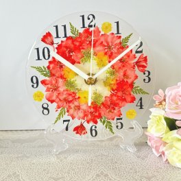◆人気のギフト 押し花 花時計 φ15cm 【フラワーサークル・スカーレット掛時計 置時計】押し花をレジンでコーティングしたハンドメイドの可愛い花時計！