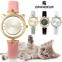 GRANDEUR ESL081 グランドール レディースウォッチ 腕時計 女性 猫 キャット cat スケルトン 本革 レザー かわいい ブランド 日常生活防水 シンプル ギフト プレゼント esl081w4