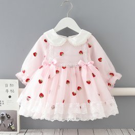 ヘアバンド付き ベビー キッズ ワンピース 長袖 70 80 90 100 いちご柄 チュニック ベビードレス ロリータ 女の子 フォーマル 春秋向け １才 誕生日