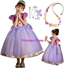 10点セット 子供 プリンセス ドレス キッズ ラプンツェル風 ワンピース カチューシャ ヘア飾り アクセサリー お姫様 衣装 コスチューム 紫色 ロング 女の子 コスプレ 結婚式 発表会 誕生日 ジュニア ギフト ハロウィン プレゼント 蝶リボン クリスマス 半袖 100-140 なりきりアイテム