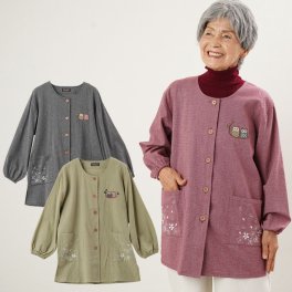 シニアファッション レディース 80代 70代 60代 90代 秋冬 和柄ふくろうスモック割烹着 おばあちゃん 服 プレゼント 婦人服 女性 ミセス 祖母 お年寄り 老人 高齢者（cjs-fh2-nw-2071）
