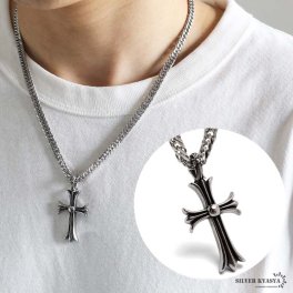 ステンレス クロスネックレス 十字架 ペンダント シルバー ダブル喜平ネックレス 立体的 50cm 60cm 燻し風 メンズ 男性 金属アレルギー対応