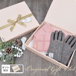 ダウンマフラー＆ハリスツイード 手袋 エコファー ギフト セット[Merfirge] Harris Tweed 本革 ラム革 レザー グローブ スマホ手袋 ウール クリスマス ギフト (XS2538)