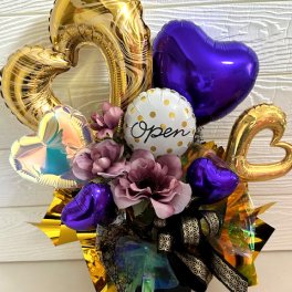 バルーン ギフト 電報 開店祝 OPEN 周年祝 祝電 バースデー 誕生日 バルーン電報 名入れ 誕生日プレゼント おしゃれ 花 お祝い プレゼント 開業祝い 結婚記念日 記念日 周年祝い 卒業 卒業式 メッセージ BK?PPL　黒 パープル　シック　大人カラー