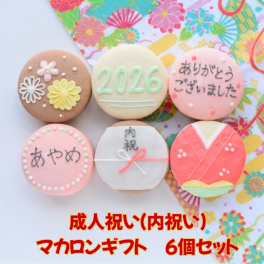 成人内祝（御祝）マカロンギフト 名入れ 手描きイラスト入りマカロン　６個入り